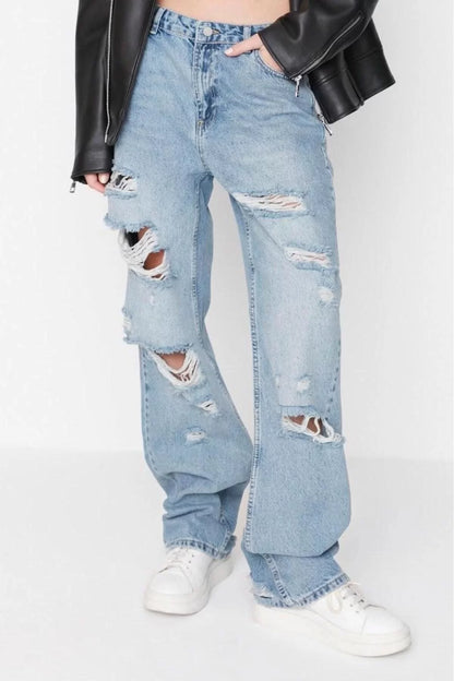 Women Fashion Stylish Jeans Pants Wide Leg Long Denim Blue Ripped Low Waist