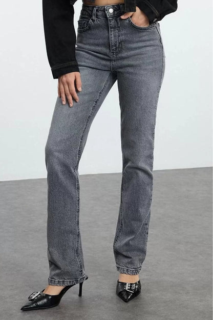 Women Fashion Stylish Jeans Straight Leg Regular Length Denim Anthracite High Waist Jeans