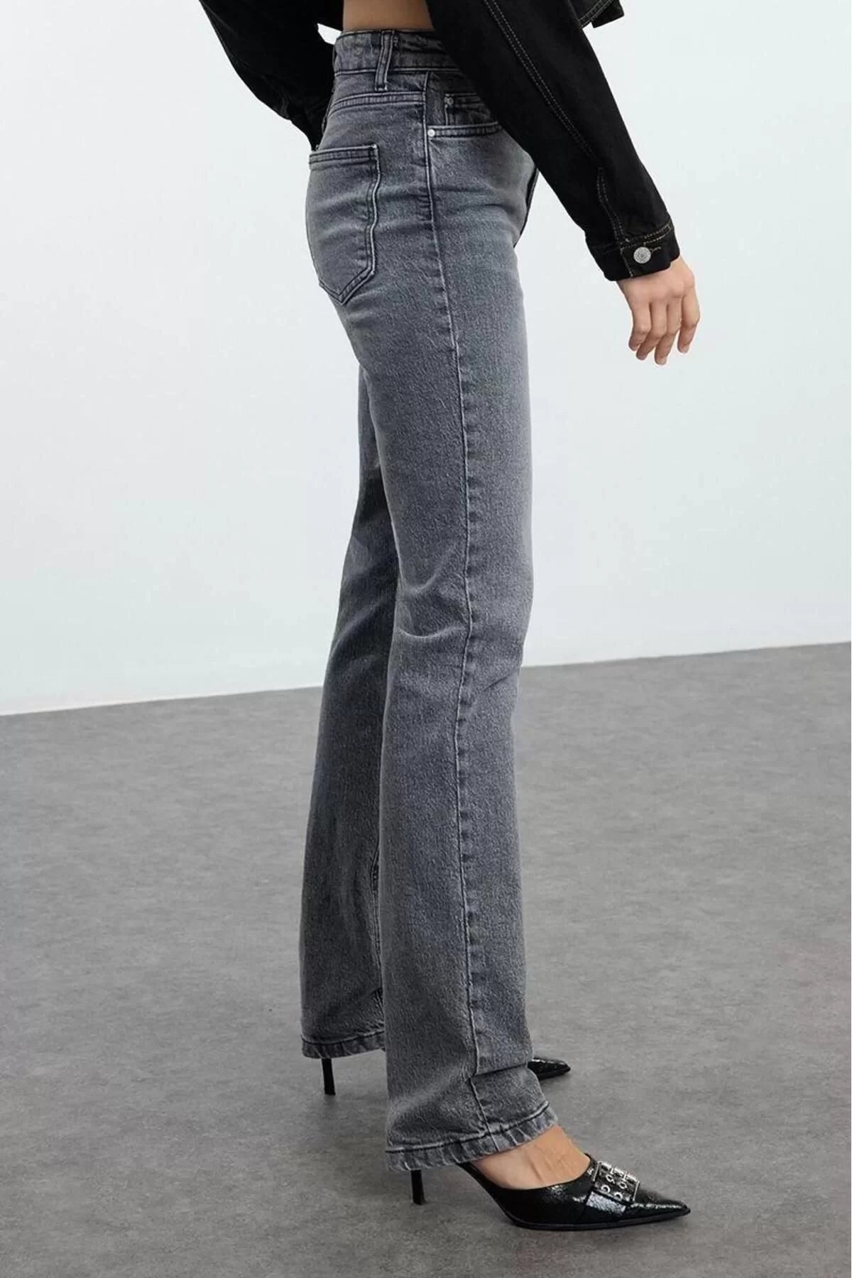 Women Fashion Stylish Jeans Straight Leg Regular Length Denim Anthracite High Waist Jeans