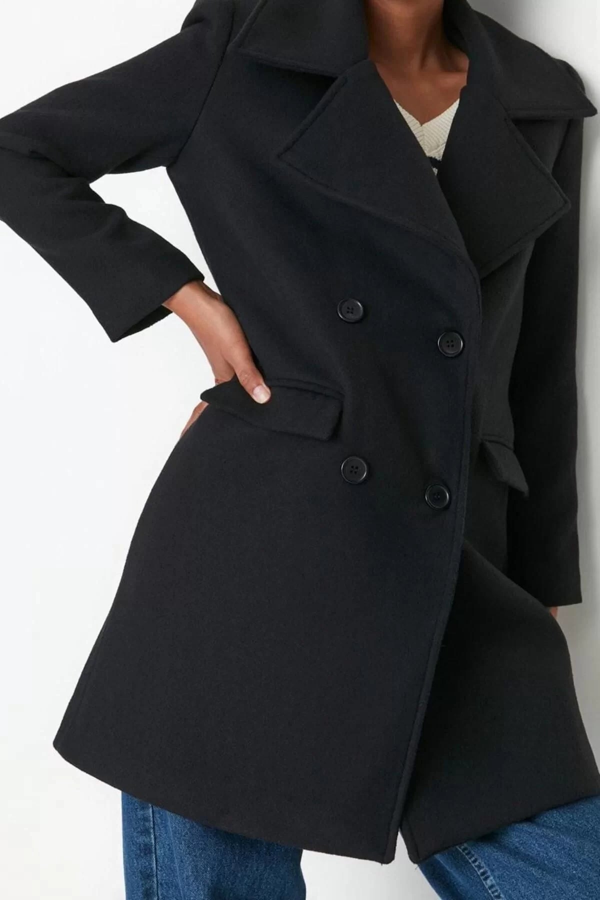 Women Fashion Stylish Regular Jacket Collar Midi Plain Lined Regular Button Closure Cashmere Coat