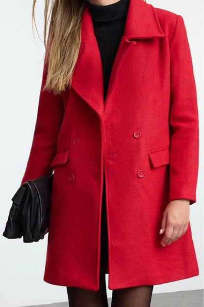 Women Fashion Stylish Regular Jacket Collar Midi Plain Lined Regular Button Closure Cashmere Coat