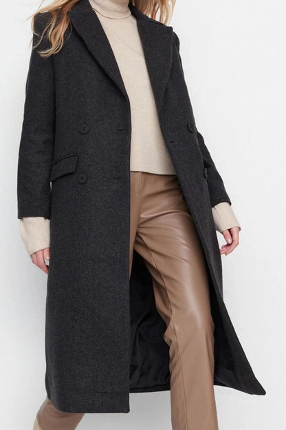 Women Fashion Stylish Regular Jacket Collar Long Herringbone Lined Herringbone Patterned Long Cashmere Coat