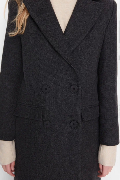 Women Fashion Stylish Regular Jacket Collar Long Herringbone Lined Herringbone Patterned Long Cashmere Coat