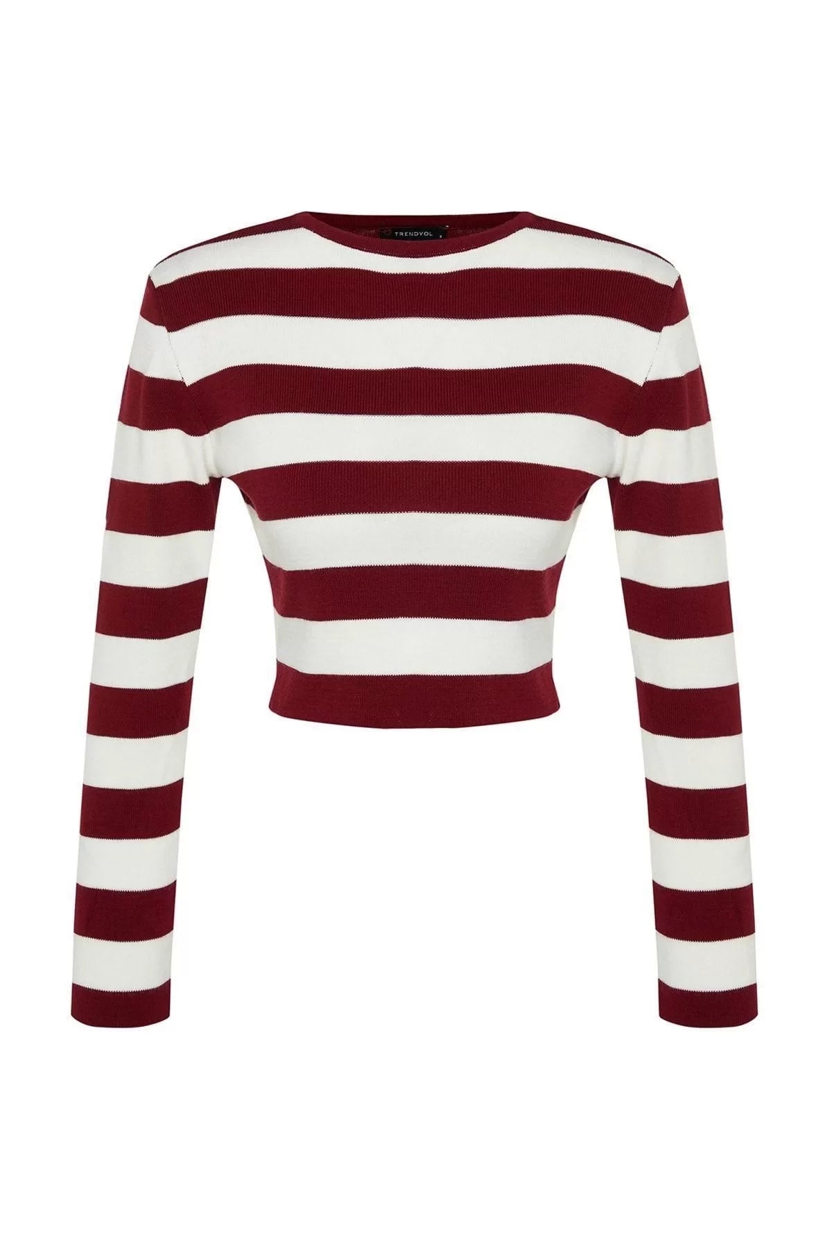 Women Fashion Stylish Crew Neck Standard Sleeve Crop Basic Striped Knitwear Sweater