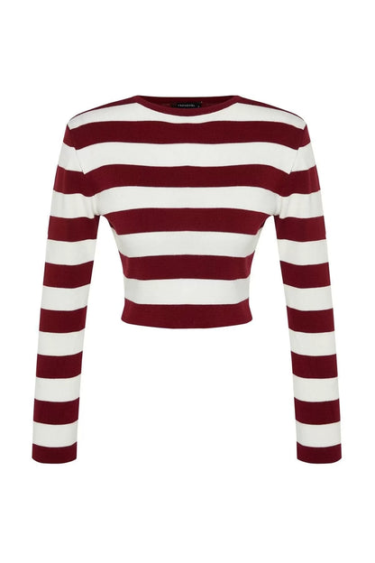 Women Fashion Stylish Crew Neck Standard Sleeve Crop Basic Striped Knitwear Sweater