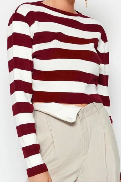 Women Fashion Stylish Crew Neck Standard Sleeve Crop Basic Striped Knitwear Sweater