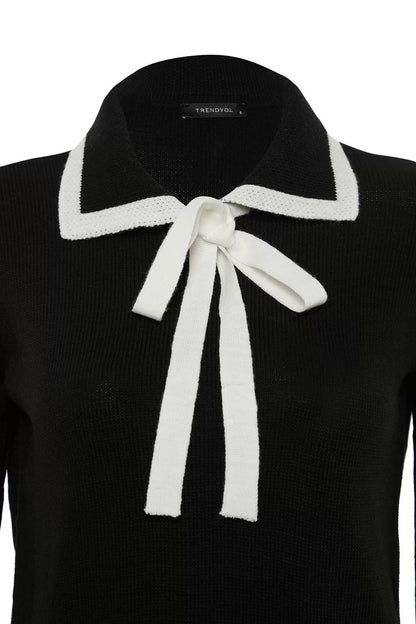 Women's Fashion Stylish Polo Neck Standard Sleeve Regular Color Block Ribbon Detailed Knitwear Sweater