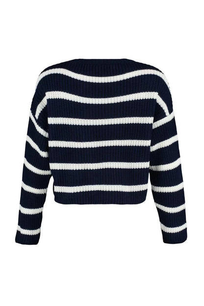 Women Fashion Stylish Crew Neck Low Sleeve Crop Basic Striped Knitwear Sweater