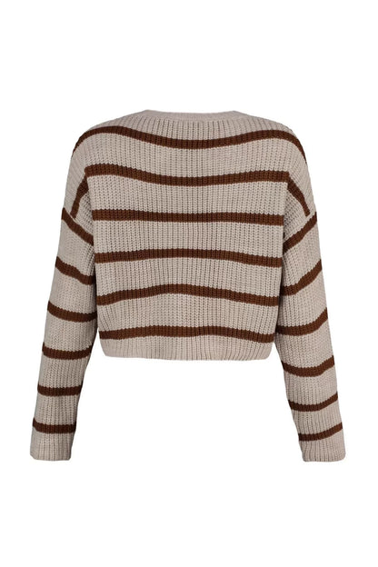 Women Fashion Stylish Crew Neck Low Sleeve Crop Basic Striped Knitwear Sweater