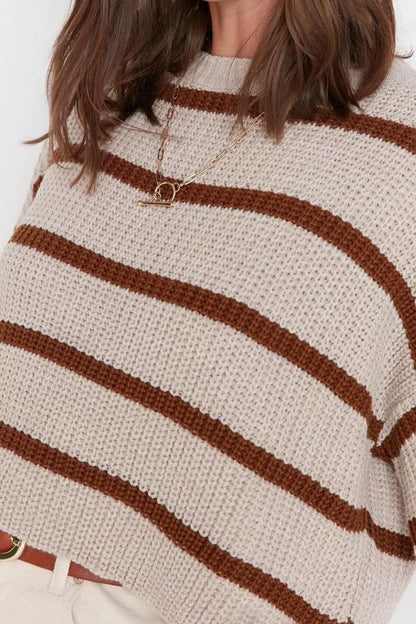 Women Fashion Stylish Crew Neck Low Sleeve Crop Basic Striped Knitwear Sweater