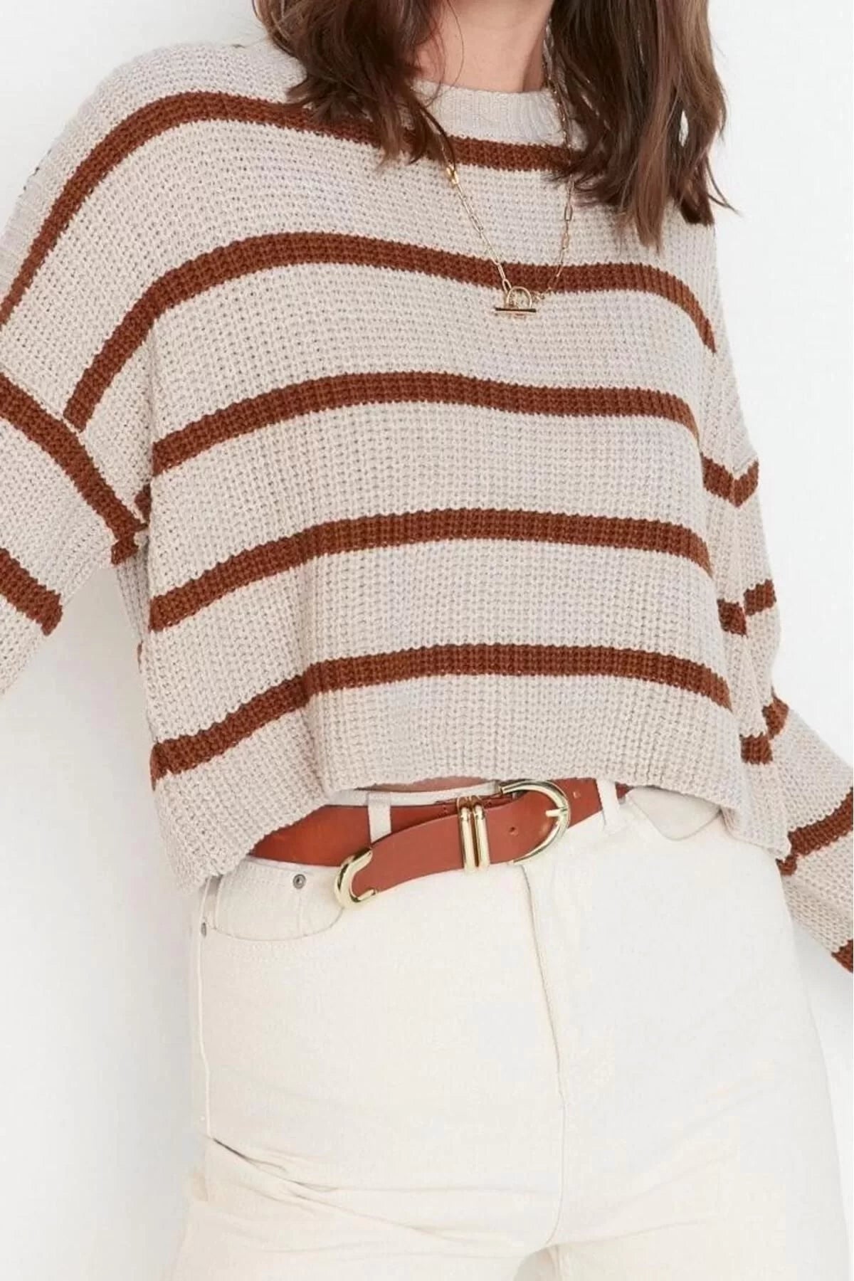 Women Fashion Stylish Crew Neck Low Sleeve Crop Basic Striped Knitwear Sweater