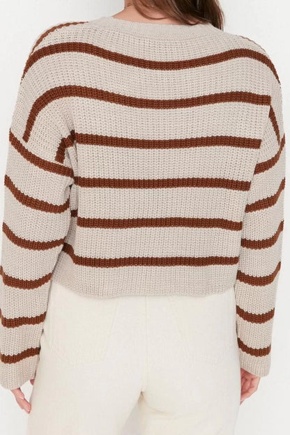 Women Fashion Stylish Crew Neck Low Sleeve Crop Basic Striped Knitwear Sweater