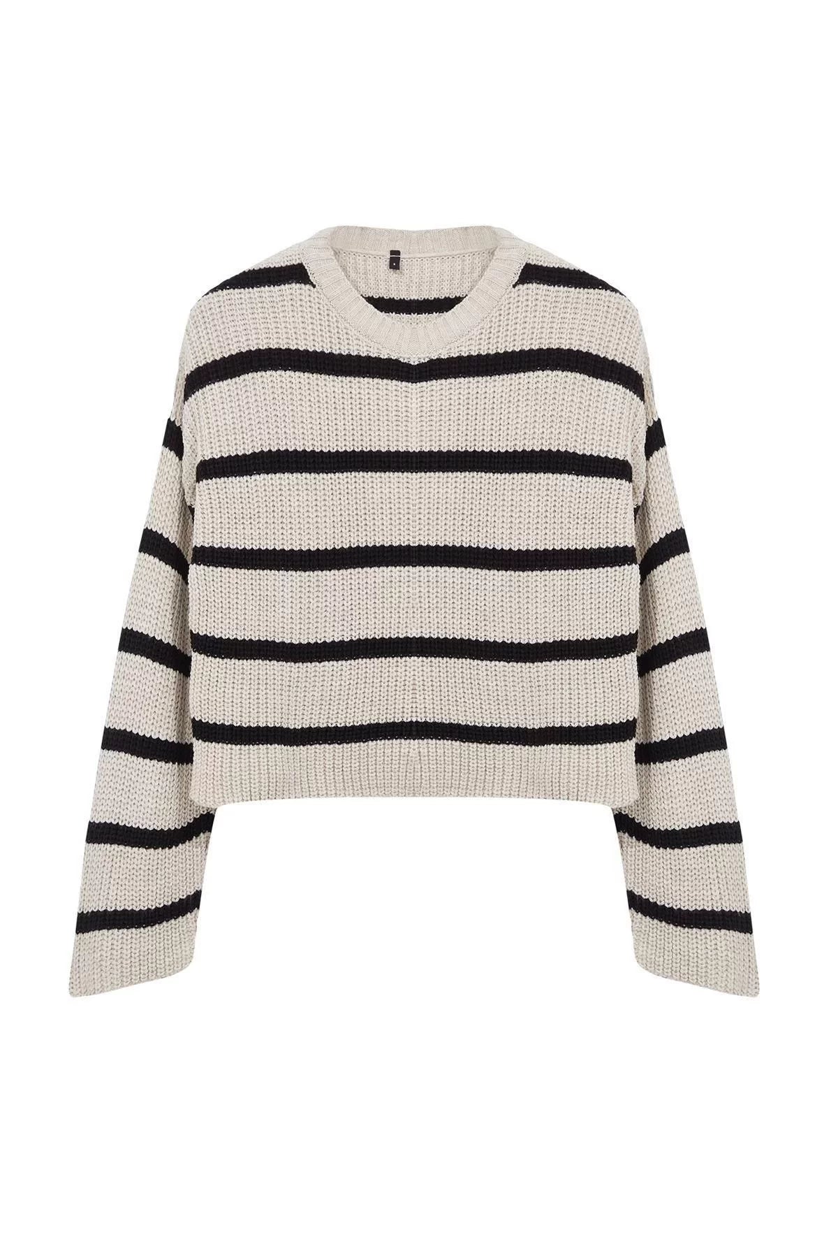 Women Fashion Stylish Crew Neck Low Sleeve Crop Basic Striped Knitwear Sweater