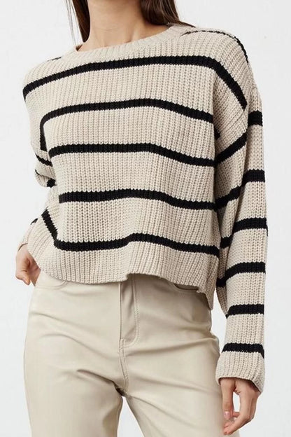 Women Fashion Stylish Crew Neck Low Sleeve Crop Basic Striped Knitwear Sweater