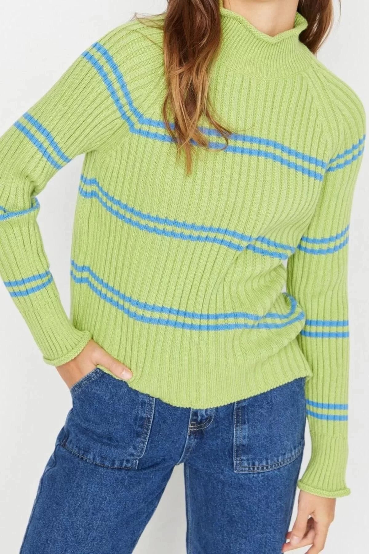 Women Fashion Stylish Stand Collar Raglan Sleeve Regular Striped Knitwear Sweater