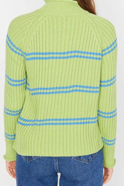 Women Fashion Stylish Stand Collar Raglan Sleeve Regular Striped Knitwear Sweater