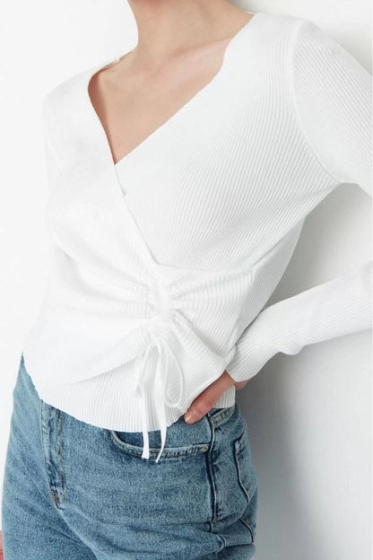 Women's Fashion Stylish Double Breasted Standard Sleeve Regular Gathered Detailed Knitwear Sweater