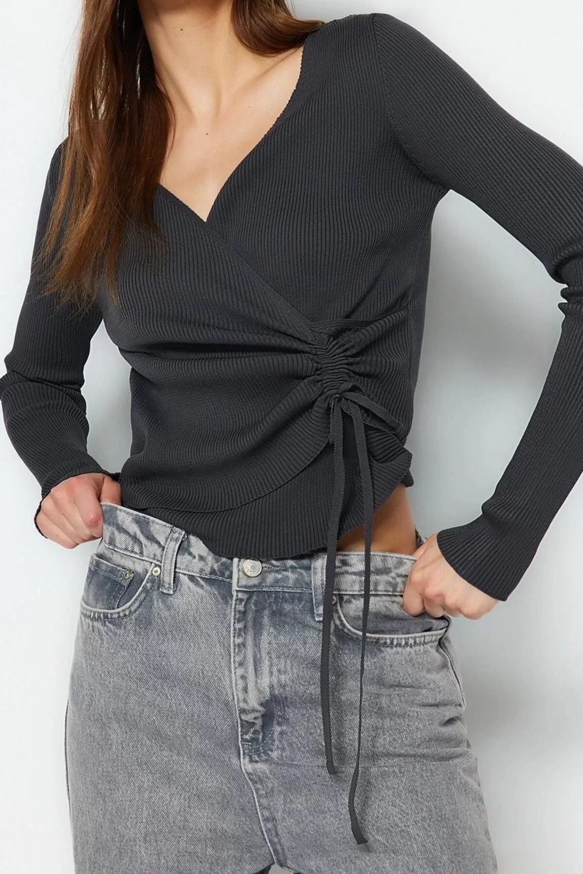 Women's Fashion Stylish Double Breasted Standard Sleeve Regular Gathered Detailed Knitwear Sweater