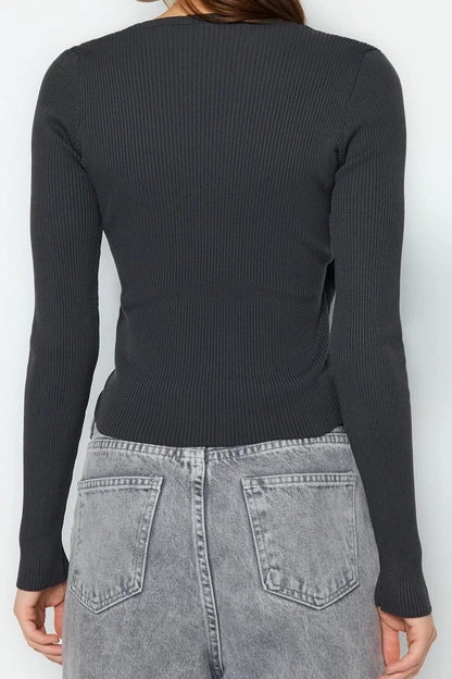 Women's Fashion Stylish Double Breasted Standard Sleeve Regular Gathered Detailed Knitwear Sweater