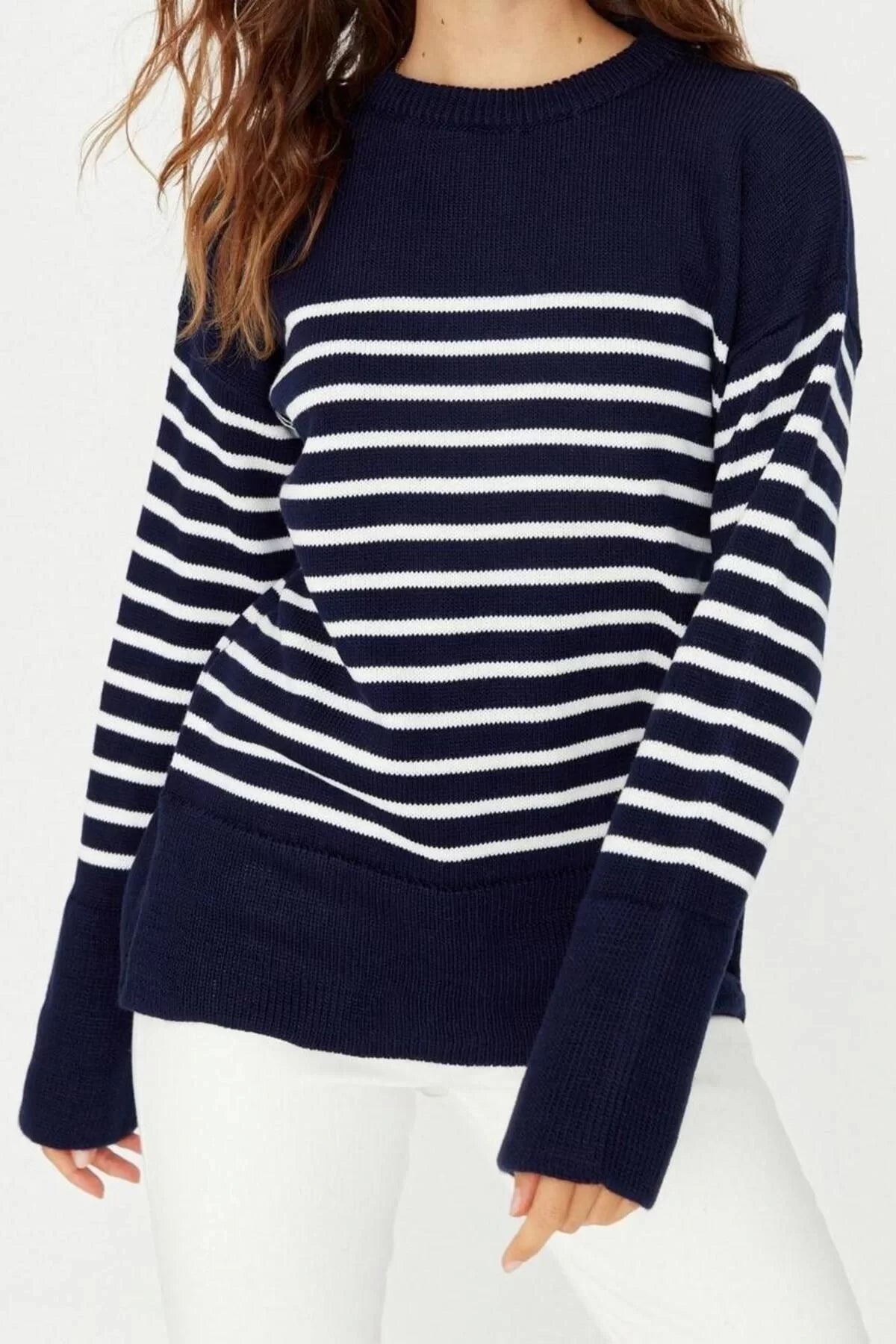 Women Fashion Stylish Crew Neck Standard Sleeve Regular Striped Knitwear Sweater