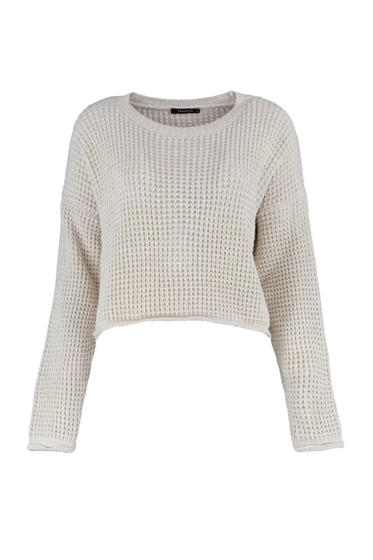 Women Fashion Stylish Crew Neck Low Sleeve Crop Wide Fit Knitwear Sweater