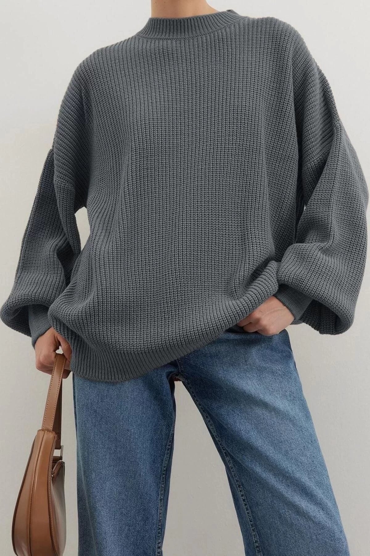 Women Fashion Stylish Crew Neck Balloon Sleeve Regular Wide Pattern Basic Knitwear Sweater