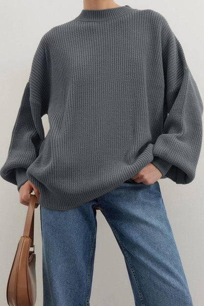 Women Fashion Stylish Crew Neck Balloon Sleeve Regular Wide Pattern Basic Knitwear Sweater