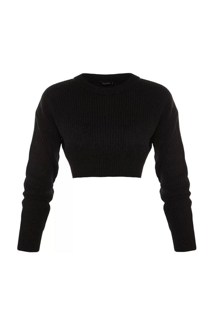 Women Fashion Stylish Crew Neck Low Sleeve Crop Super Basic Knitwear Sweater