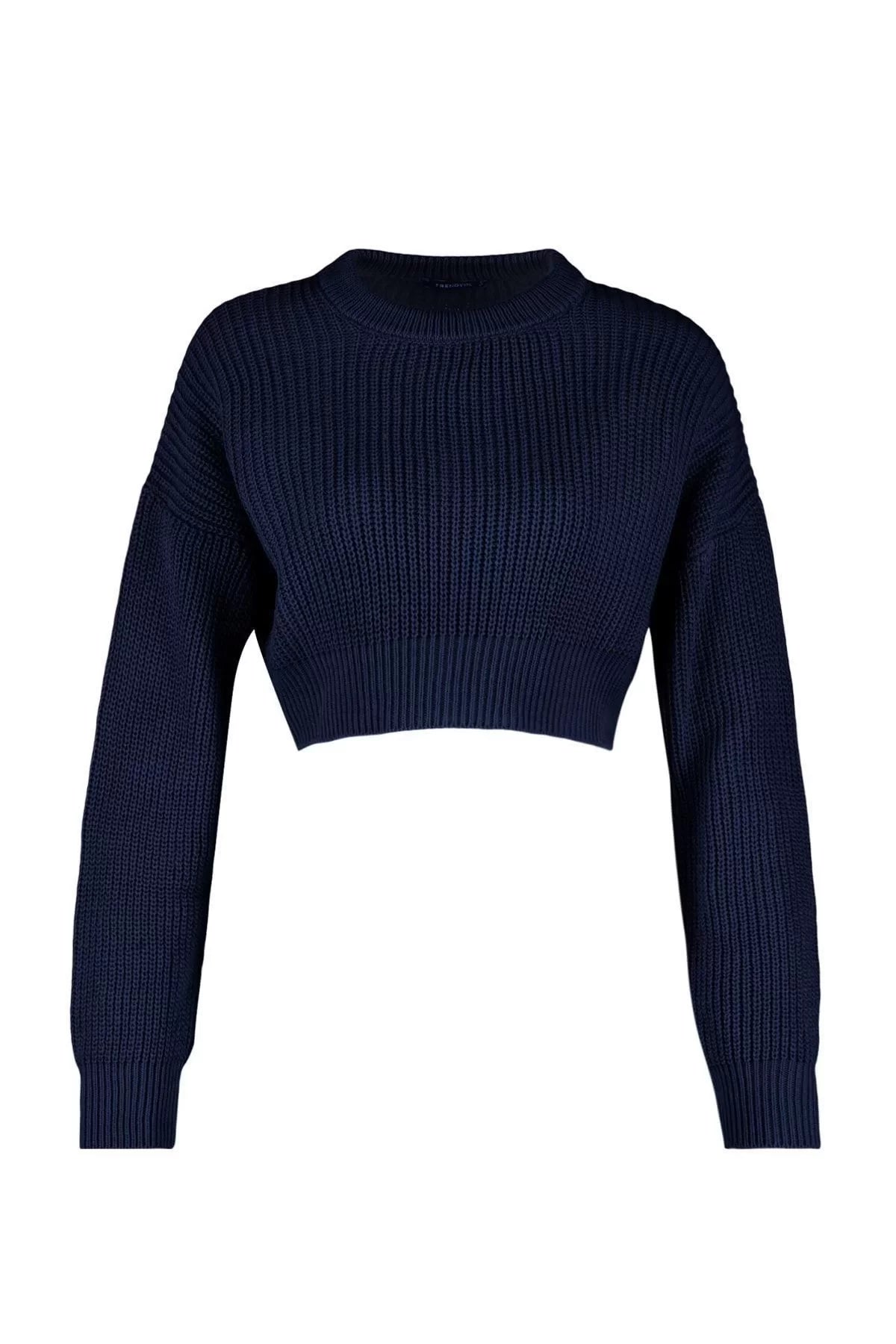 Women Fashion Stylish Crew Neck Low Sleeve Crop Super Basic Knitwear Sweater