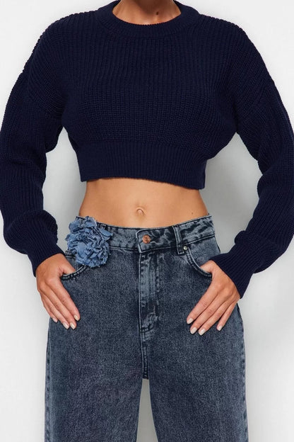 Women Fashion Stylish Crew Neck Low Sleeve Crop Super Basic Knitwear Sweater