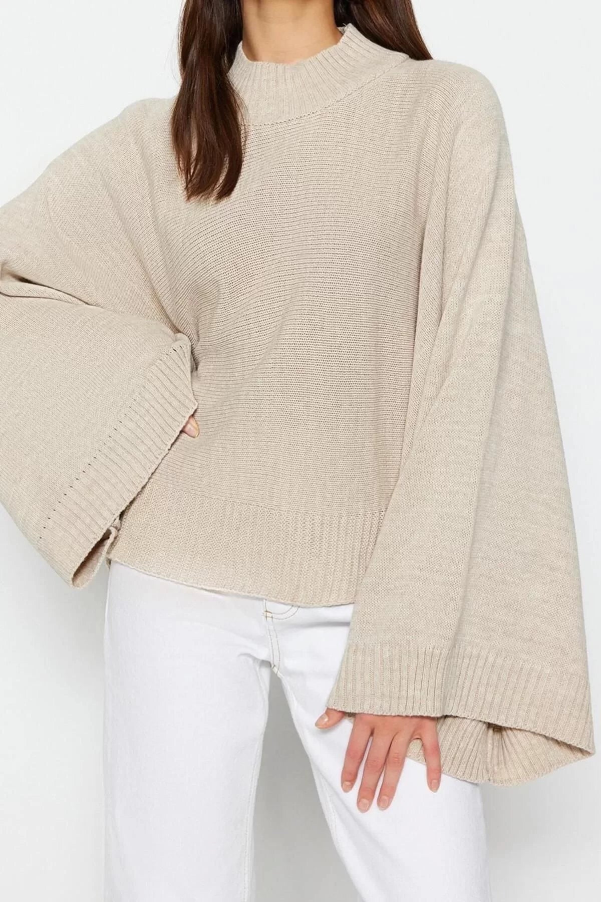 Women Fashion Stylish Stand Collar Low Sleeve Regular Wide Fit Batwing Sleeve Knitwear Sweater