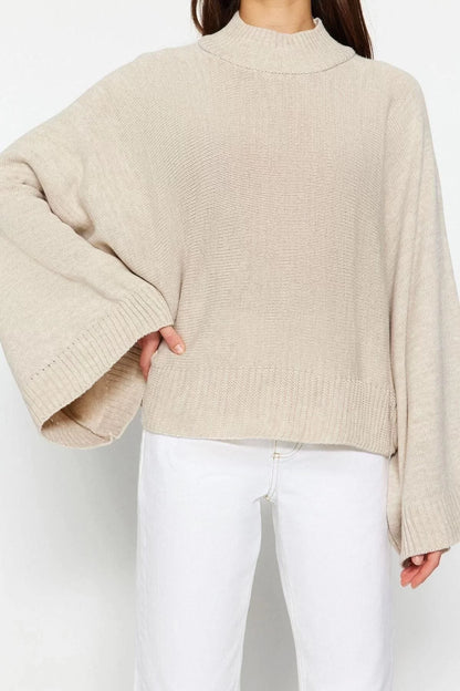 Women Fashion Stylish Stand Collar Low Sleeve Regular Wide Fit Batwing Sleeve Knitwear Sweater