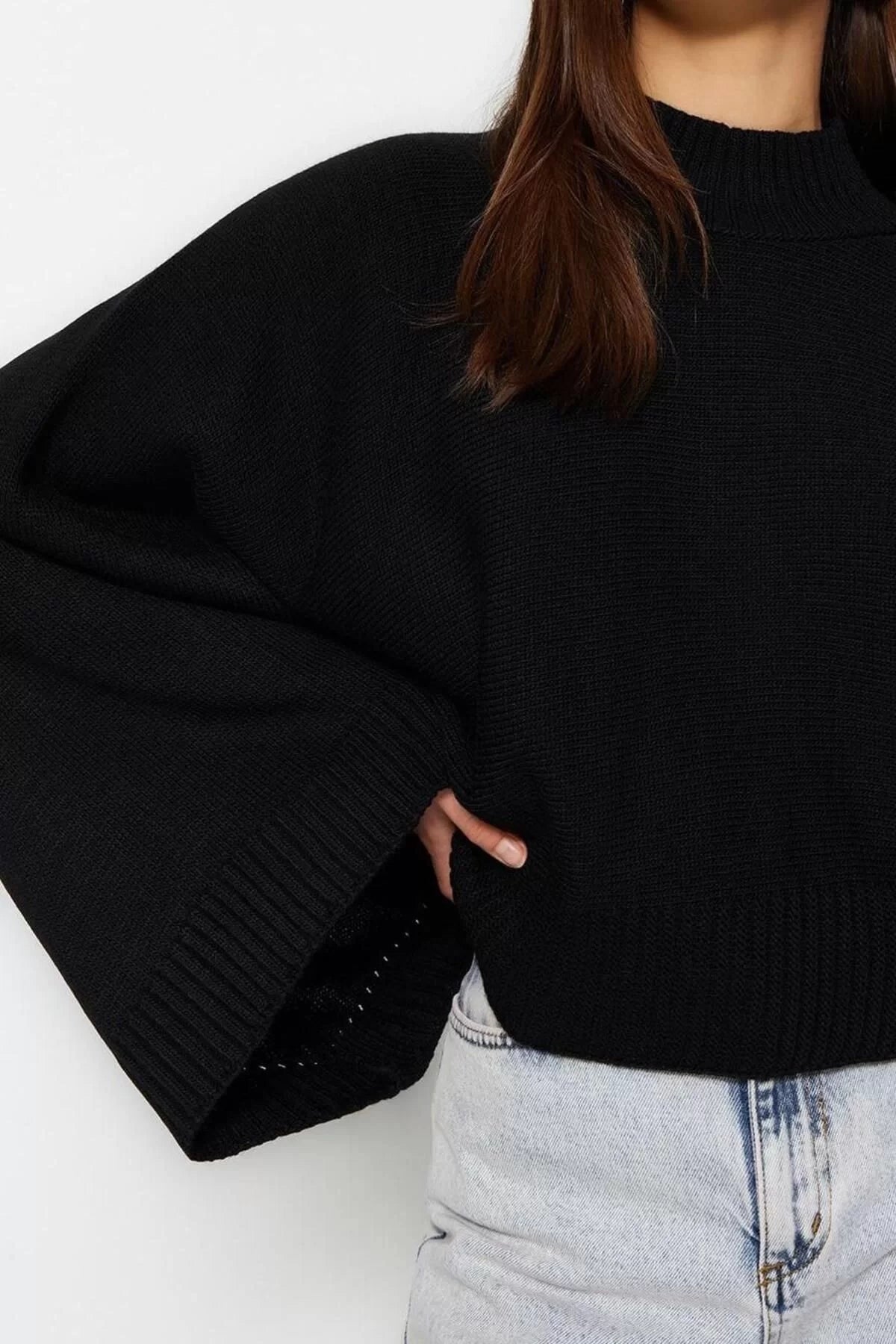 Women Fashion Stylish Stand Collar Low Sleeve Regular Wide Fit Batwing Sleeve Knitwear Sweater