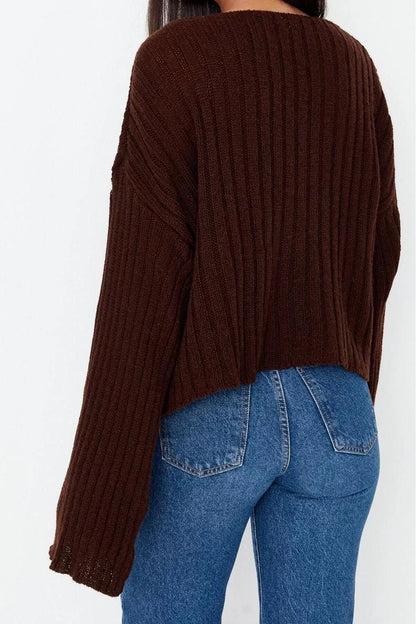 Women Fashion Stylish V Neck Standard Sleeve Crop Wool Wide Pattern Basic Knitwear Sweater