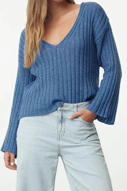 Women Fashion Stylish V Neck Standard Sleeve Crop Wool Wide Pattern Basic Knitwear Sweater