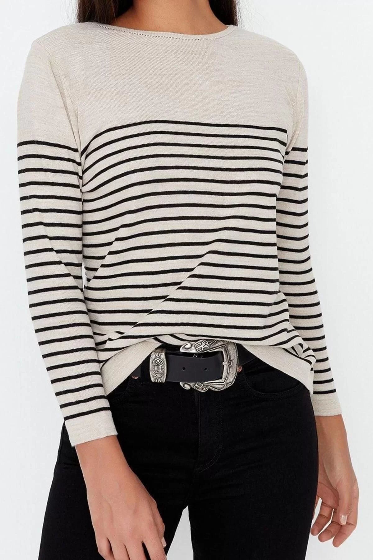 Women Fashion Stylish Crew Neck Standard Sleeve Regular Navy Blue Basic Striped Knitwear Sweater