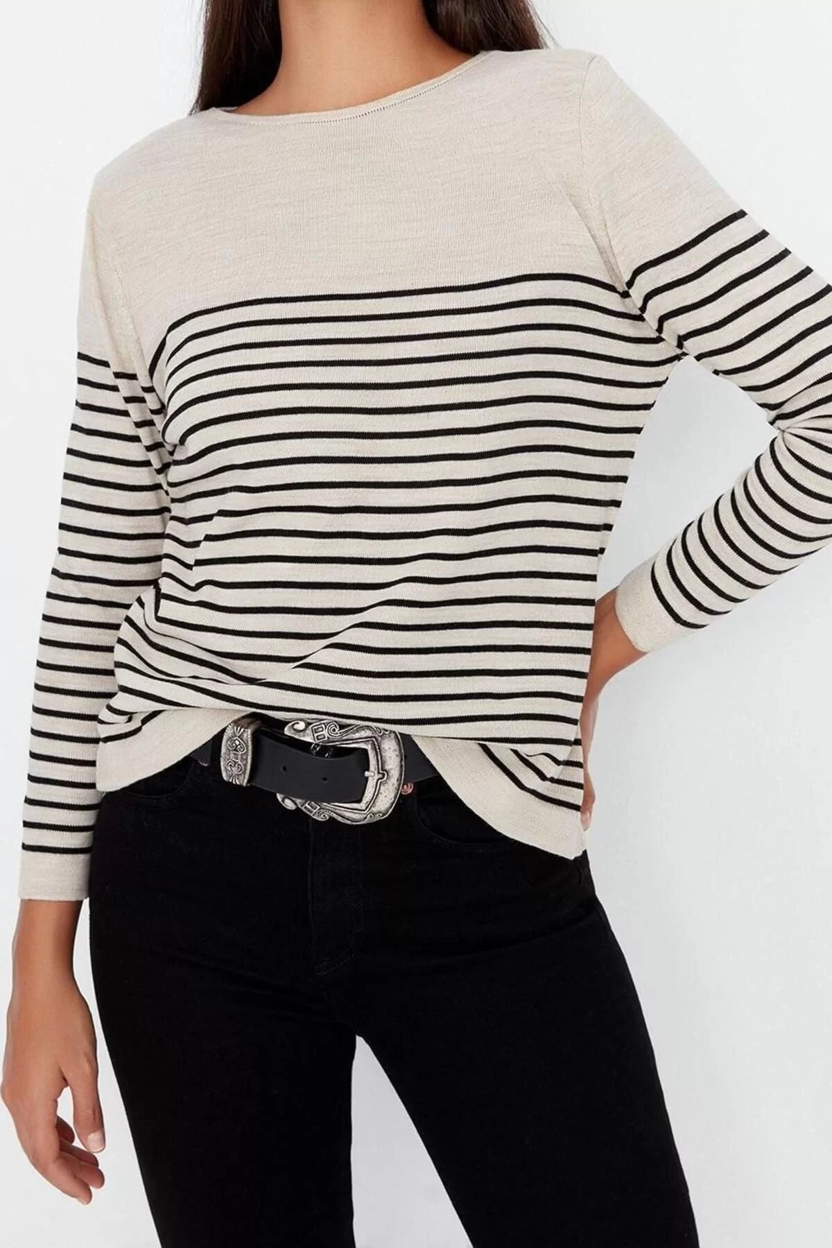 Women Fashion Stylish Crew Neck Standard Sleeve Regular Navy Blue Basic Striped Knitwear Sweater