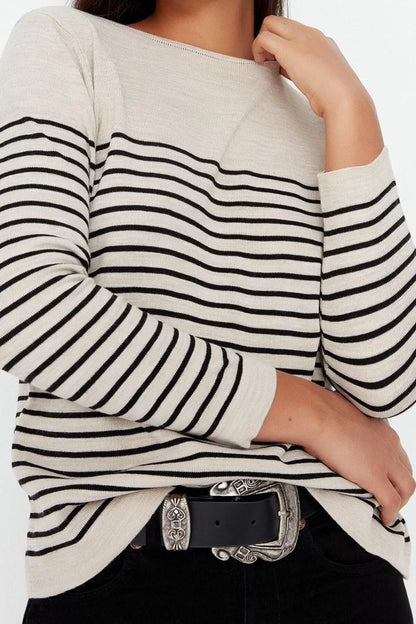 Women Fashion Stylish Crew Neck Standard Sleeve Regular Navy Blue Basic Striped Knitwear Sweater