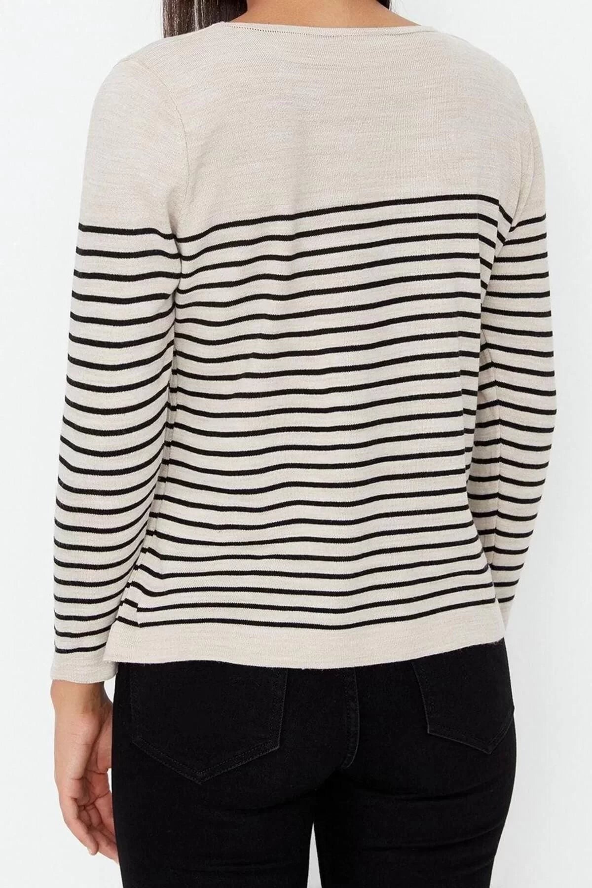 Women Fashion Stylish Crew Neck Standard Sleeve Regular Navy Blue Basic Striped Knitwear Sweater