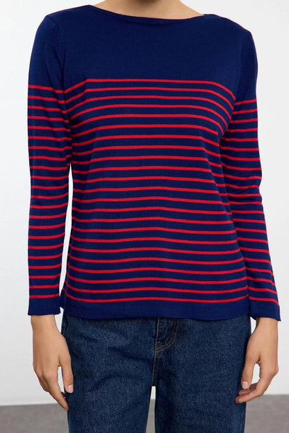 Women Fashion Stylish Crew Neck Standard Sleeve Regular Navy Blue Basic Striped Knitwear Sweater