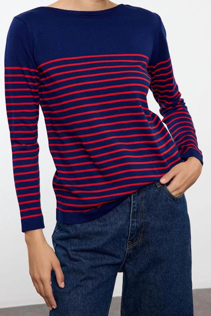 Women Fashion Stylish Crew Neck Standard Sleeve Regular Navy Blue Basic Striped Knitwear Sweater