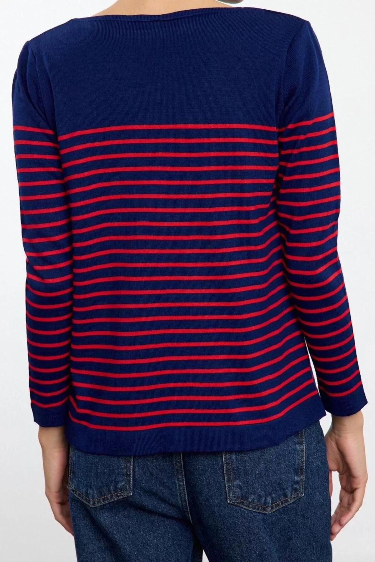 Women Fashion Stylish Crew Neck Standard Sleeve Regular Navy Blue Basic Striped Knitwear Sweater