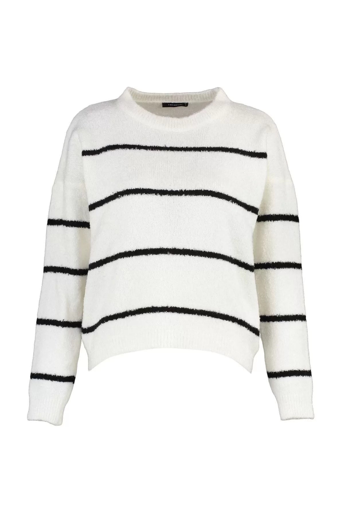 Women Fashion Stylish Crew Neck Standard Sleeve Regular Boucle Striped Knitwear Sweater