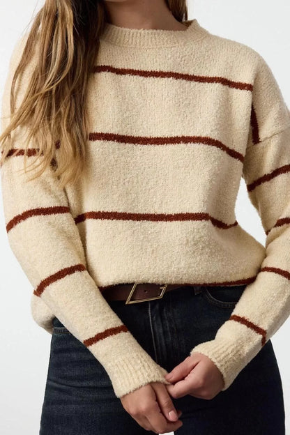 Women Fashion Stylish Crew Neck Standard Sleeve Regular Boucle Striped Knitwear Sweater