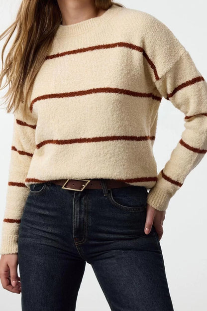 Women Fashion Stylish Crew Neck Standard Sleeve Regular Boucle Striped Knitwear Sweater