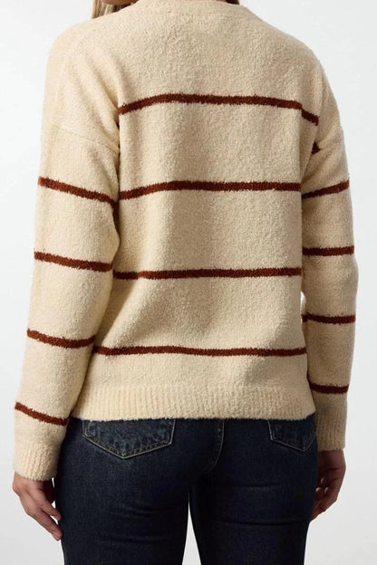 Women Fashion Stylish Crew Neck Standard Sleeve Regular Boucle Striped Knitwear Sweater