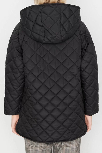 Women Fashion Stylish Regular Hooded Collar Midi Plain Lined Hooded Water Repellent Quilted Coat