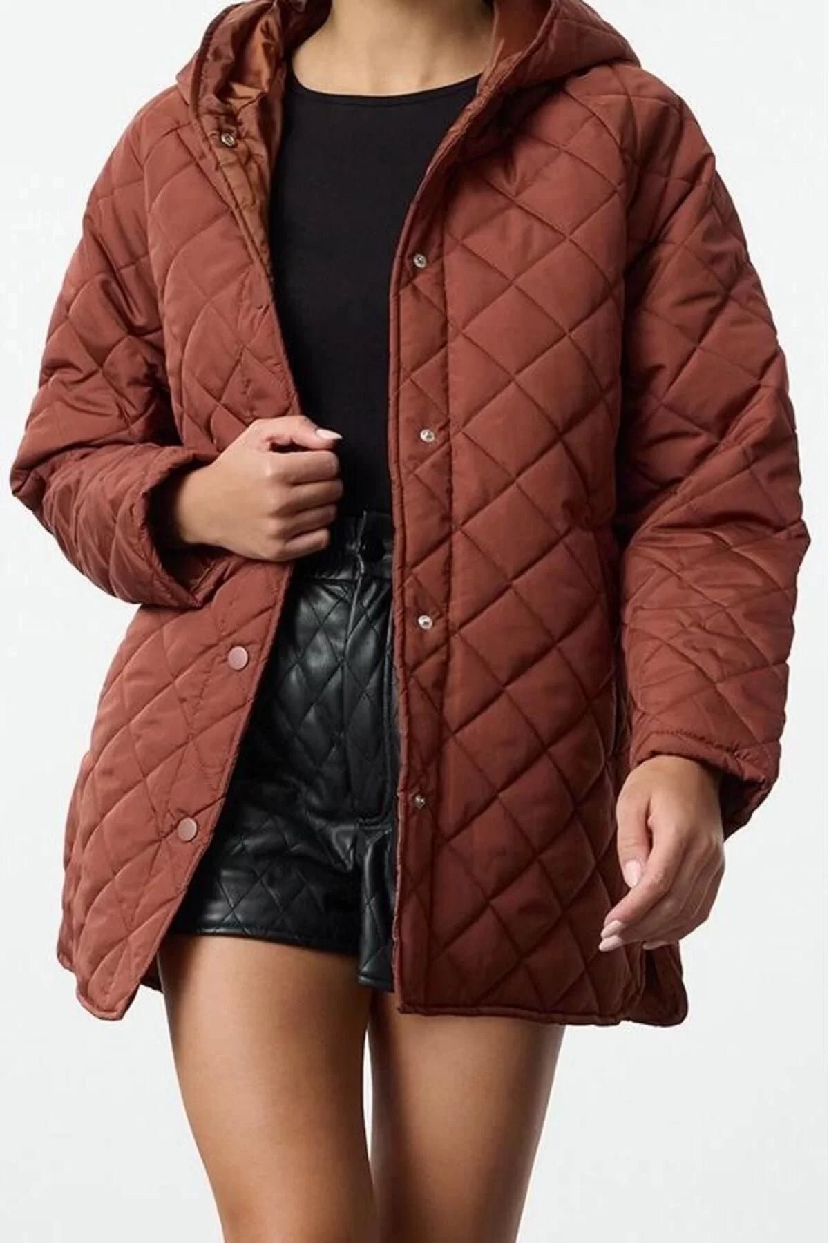 Women Fashion Stylish Regular Hooded Collar Midi Plain Lined Hooded Water Repellent Quilted Coat