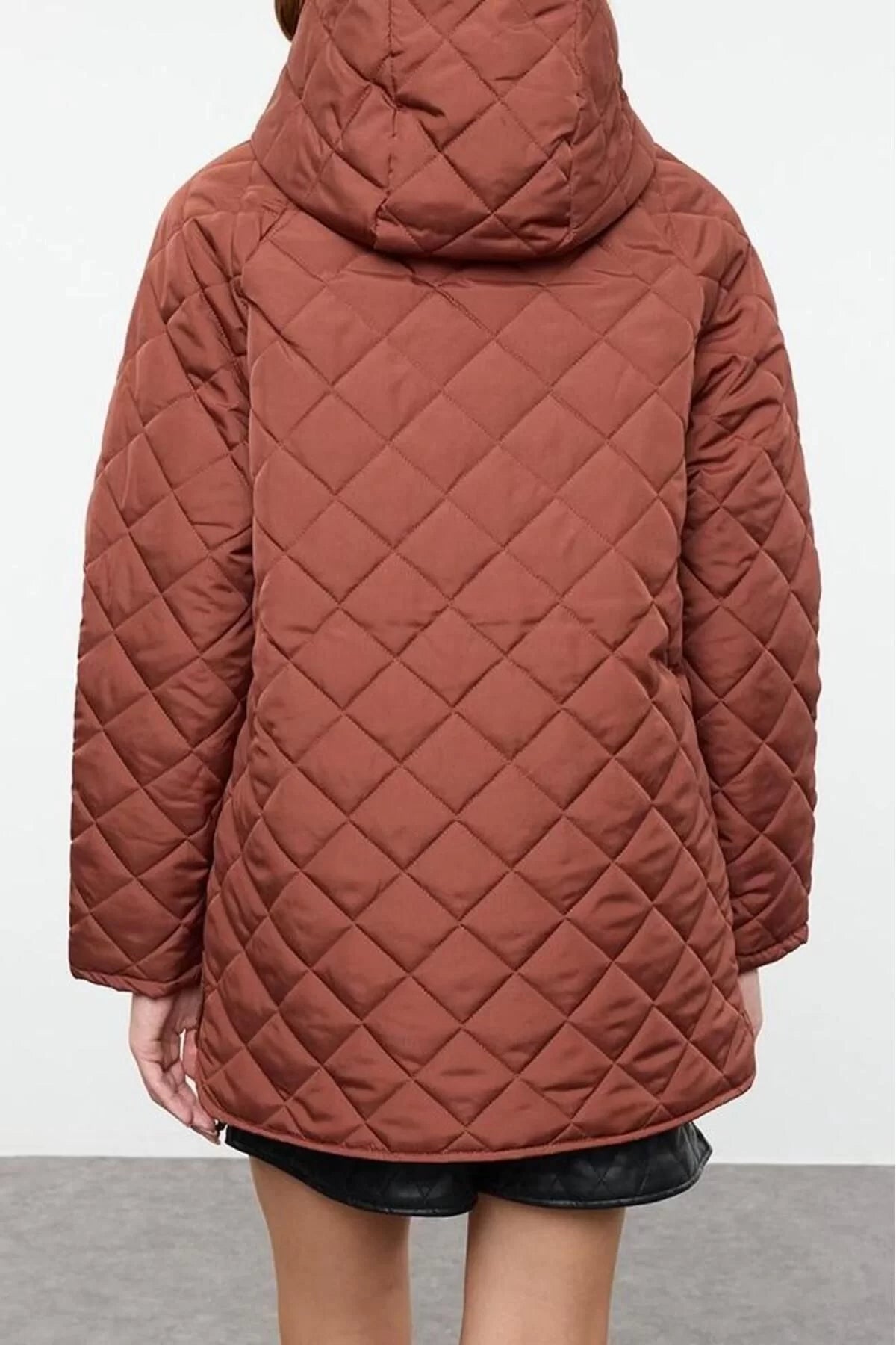 Women Fashion Stylish Regular Hooded Collar Midi Plain Lined Hooded Water Repellent Quilted Coat