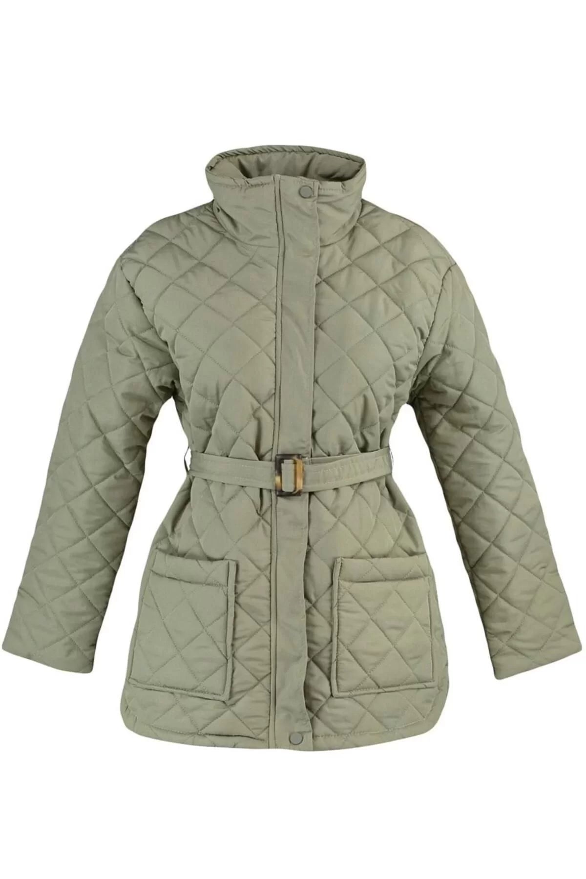 Women Fashion Stylish Regular Stand Collar Midi Plain Lined Oversize Belted Water Repellent Quilted Coat